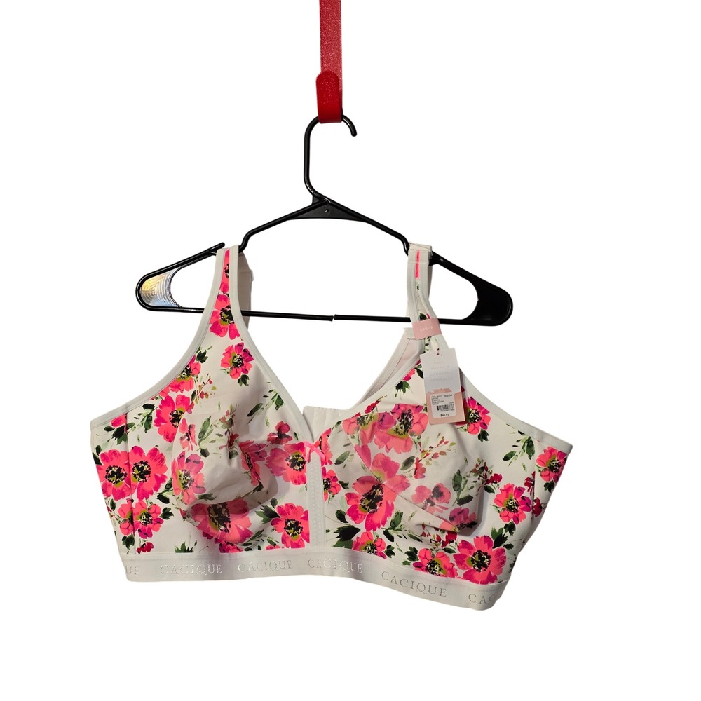 Cacique Lane Bryant Floral Wire-Free Bralette White Pink 50DDD 109049‎ NEW